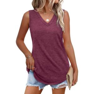 imageOFEEFAN Womens Tank Tops 2025 Loose Fit Casual V Neck Shirts Flowy Sleeveless Summer TopsBurgundy