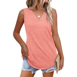 imageOFEEFAN Womens Tank Tops 2025 Loose Fit Casual V Neck Shirts Flowy Sleeveless Summer TopsCoral