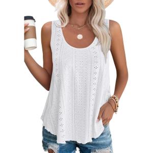 imageOFEEFAN Womens Tank Tops Sleeveless Eyelet Embroidery Scoop Neck Loose Fit Casual Summer FlowyAwhite