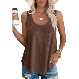 imageOFEEFAN Womens Tank Tops Sleeveless Eyelet Embroidery Scoop Neck Loose Fit Casual Summer FlowyBrown