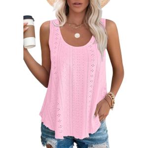 imageOFEEFAN Womens Tank Tops Sleeveless Eyelet Embroidery Scoop Neck Loose Fit Casual Summer FlowyCpink