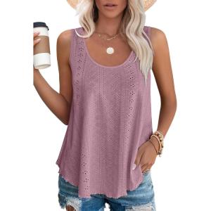 imageOFEEFAN Womens Tank Tops Sleeveless Eyelet Embroidery Scoop Neck Loose Fit Casual Summer FlowyEdusty Pink