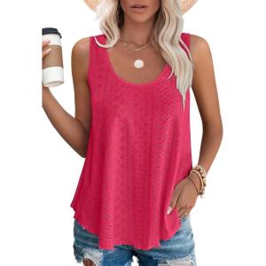 imageOFEEFAN Womens Tank Tops Sleeveless Eyelet Embroidery Scoop Neck Loose Fit Casual Summer FlowyFhot Pink