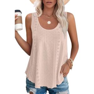 imageOFEEFAN Womens Tank Tops Sleeveless Eyelet Embroidery Scoop Neck Loose Fit Casual Summer FlowyKhaki
