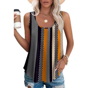 imageOFEEFAN Womens Tank Tops Sleeveless Eyelet Embroidery Scoop Neck Loose Fit Casual Summer FlowyMkhaki Stripe