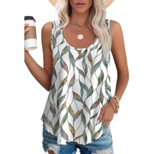 imageOFEEFAN Womens Tank Tops Sleeveless Eyelet Embroidery Scoop Neck Loose Fit Casual Summer FlowyNleaf Print