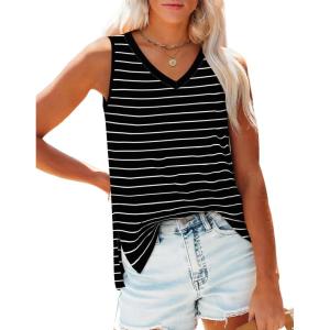 imageOFEEFAN Womens Tank Tops V Neck Loose Fit Basic Casual Summer Tops Side Split Sleeveless ShirtsBlack Stripe