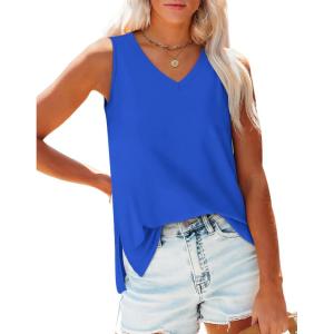 imageOFEEFAN Womens Tank Tops V Neck Loose Fit Basic Casual Summer Tops Side Split Sleeveless ShirtsBlue