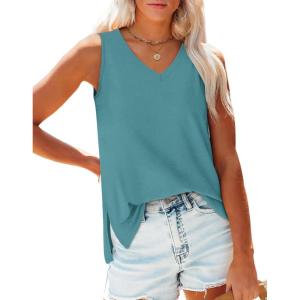 imageOFEEFAN Womens Tank Tops V Neck Loose Fit Basic Casual Summer Tops Side Split Sleeveless ShirtsBlue Green