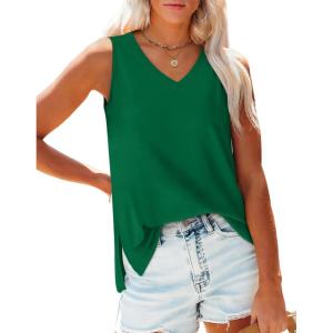 imageOFEEFAN Womens Tank Tops V Neck Loose Fit Basic Casual Summer Tops Side Split Sleeveless ShirtsGreen