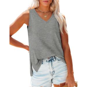 imageOFEEFAN Womens Tank Tops V Neck Loose Fit Basic Casual Summer Tops Side Split Sleeveless ShirtsGrey