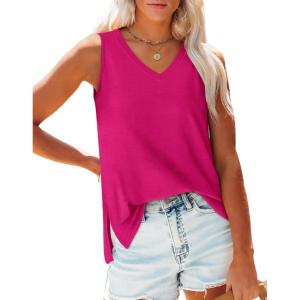 imageOFEEFAN Womens Tank Tops V Neck Loose Fit Basic Casual Summer Tops Side Split Sleeveless ShirtsHot Pink