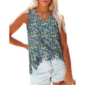 imageOFEEFAN Womens Tank Tops V Neck Loose Fit Basic Casual Summer Tops Side Split Sleeveless ShirtsPatternedblue Floral