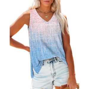 imageOFEEFAN Womens Tank Tops V Neck Loose Fit Basic Casual Summer Tops Side Split Sleeveless ShirtsPatternedblue Print