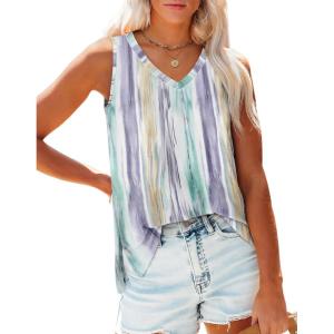 imageOFEEFAN Womens Tank Tops V Neck Loose Fit Basic Casual Summer Tops Side Split Sleeveless ShirtsPatternedcolorful Stripe