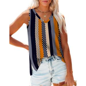 imageOFEEFAN Womens Tank Tops V Neck Loose Fit Basic Casual Summer Tops Side Split Sleeveless ShirtsPatternedkhaki Stripe