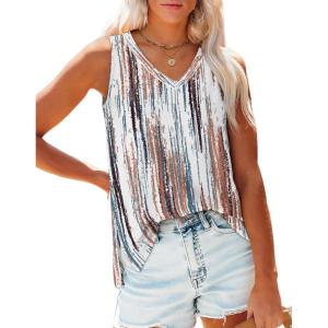 imageOFEEFAN Womens Tank Tops V Neck Loose Fit Basic Casual Summer Tops Side Split Sleeveless ShirtsPatternedtie Dye Brown