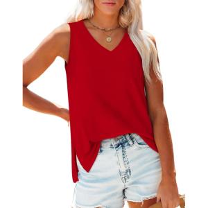 imageOFEEFAN Womens Tank Tops V Neck Loose Fit Basic Casual Summer Tops Side Split Sleeveless ShirtsRed