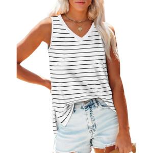 imageOFEEFAN Womens Tank Tops V Neck Loose Fit Basic Casual Summer Tops Side Split Sleeveless ShirtsWhite Stripe