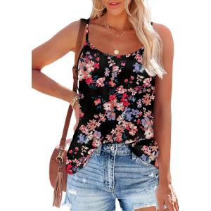imageOFEEFAN Tank Top for Women Adjustable Spaghetti Strap Camisole Scoop Neck Sleeveless Cami Top S3XLZ02floral Orange Black