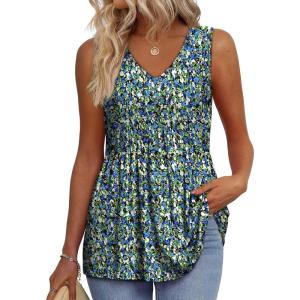 imageOFEEFAN Womens Tank Tops 2025 Flowy Peplum Tops for Women Dressy Sleeveless V Neck Babydoll Tank TopsAblue Floral