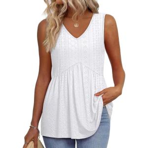 imageOFEEFAN Womens Tank Tops 2025 Flowy Peplum Tops for Women Dressy Sleeveless V Neck Babydoll Tank TopsCwhite