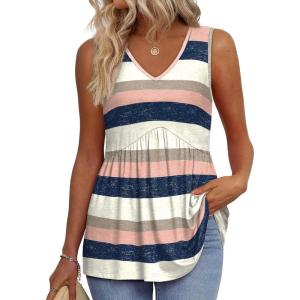 imageOFEEFAN Womens Tank Tops 2025 Flowy Peplum Tops for Women Dressy Sleeveless V Neck Babydoll Tank TopsFblue Pink Stripe