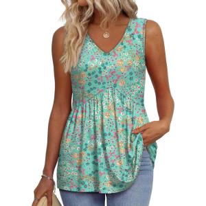 imageOFEEFAN Womens Tank Tops 2025 Flowy Peplum Tops for Women Dressy Sleeveless V Neck Babydoll Tank TopsGpink Green Floral