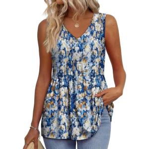 imageOFEEFAN Womens Tank Tops 2025 Flowy Peplum Tops for Women Dressy Sleeveless V Neck Babydoll Tank TopsHblue Yellow Floral