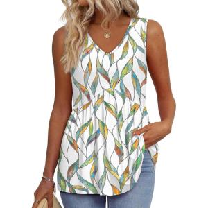 imageOFEEFAN Womens Tank Tops 2025 Flowy Peplum Tops for Women Dressy Sleeveless V Neck Babydoll Tank TopsNleaf Print
