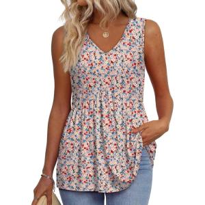 imageOFEEFAN Womens Tank Tops 2025 Flowy Peplum Tops for Women Dressy Sleeveless V Neck Babydoll Tank TopsPpink Floral