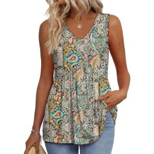 imageOFEEFAN Womens Tank Tops 2025 Flowy Peplum Tops for Women Dressy Sleeveless V Neck Babydoll Tank TopsQgreen Ethnic Floral