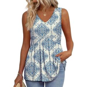 imageOFEEFAN Womens Tank Tops 2025 Flowy Peplum Tops for Women Dressy Sleeveless V Neck Babydoll Tank TopsRblue Ethnic Floral