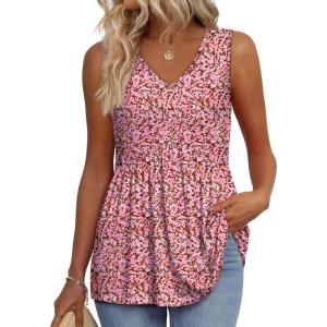 imageOFEEFAN Womens Tank Tops 2025 Flowy Peplum Tops for Women Dressy Sleeveless V Neck Babydoll Tank TopsUrose Pink Floral