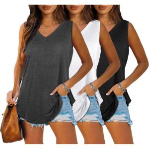 imageOFEEFAN Womens Tank Tops V Neck Summer Tops Loose Fit Sleeveless Tops 2Pack3Pack3 Pack DarkgreyBlackWhite