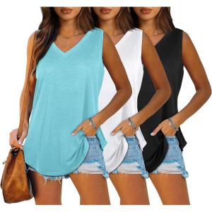 imageOFEEFAN Womens Tank Tops V Neck Summer Tops Loose Fit Sleeveless Tops 2Pack3Pack3 Pack LakegreenBlackWhite