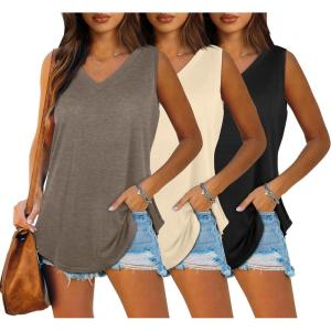 imageOFEEFAN Womens Tank Tops V Neck Summer Tops Loose Fit Sleeveless Tops 2Pack3PackCoffeeKhakiBlack