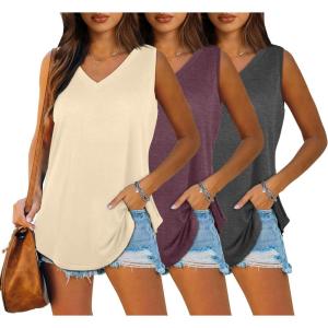 imageOFEEFAN Womens Tank Tops V Neck Summer Tops Loose Fit Sleeveless Tops 2Pack3PackKhakiWinedDarkgrey