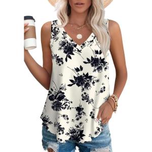 imageOFEEFAN Womens Tank Tops V Neck Sleeveless Flowy Loose Fit Basic Casual Summer TopsBlack Apricot Floral