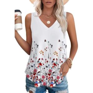 imageOFEEFAN Womens Tank Tops V Neck Sleeveless Flowy Loose Fit Basic Casual Summer TopsFloral Blush