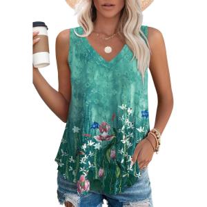 imageOFEEFAN Womens Tank Tops V Neck Sleeveless Flowy Loose Fit Basic Casual Summer TopsFloral Teal