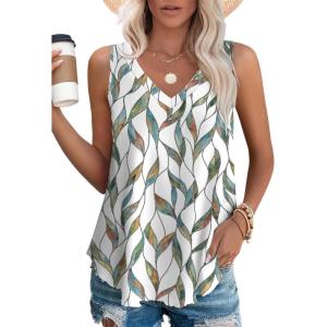 imageOFEEFAN Womens Tank Tops V Neck Sleeveless Flowy Loose Fit Basic Casual Summer TopsLeaf Print