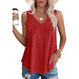 imageOFEEFAN Womens Tank Tops V Neck Sleeveless Flowy Loose Fit Basic Casual Summer TopsRed