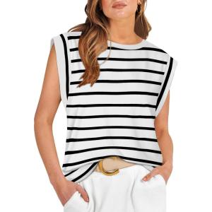 imageOFEEFAN Summer Tops Cap Sleeve Shirts Loose Fit Dressy CasualAblack Stripe