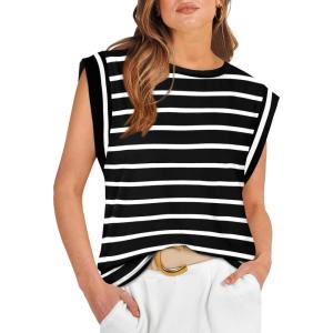 imageOFEEFAN Summer Tops Cap Sleeve Shirts Loose Fit Dressy CasualAwhite Stripe
