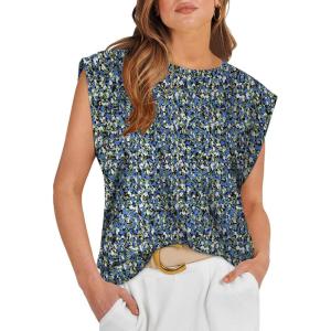 imageOFEEFAN Summer Tops Cap Sleeve Shirts Loose Fit Dressy CasualFloral Blue