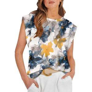 imageOFEEFAN Summer Tops Cap Sleeve Shirts Loose Fit Dressy CasualPrint Flower