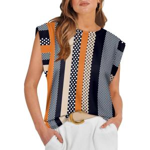 imageOFEEFAN Summer Tops Cap Sleeve Shirts Loose Fit Dressy CasualPrint Stripe