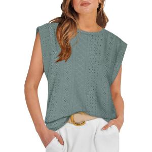 imageOFEEFAN Summer Tops Cap Sleeve Shirts Loose Fit Dressy CasualZgreen