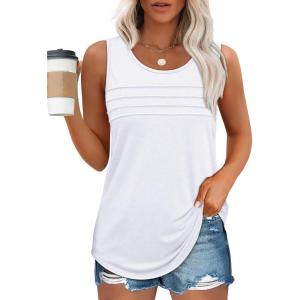 imageOFEEFAN Tank Top for Women Summer Outfits Sleeveless Blouses Dressy Casual Loose Fit Shirts Scooped Neck Pleated Front0white